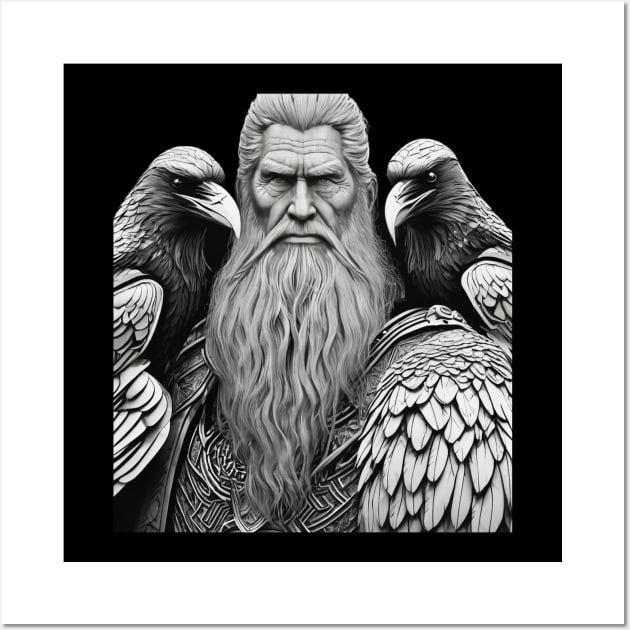 King of the Vikings Odin in Battle Armor with his ravens Huginn and Muninn done in a realistic black and gray. Wall Art by DesignsbyZazz